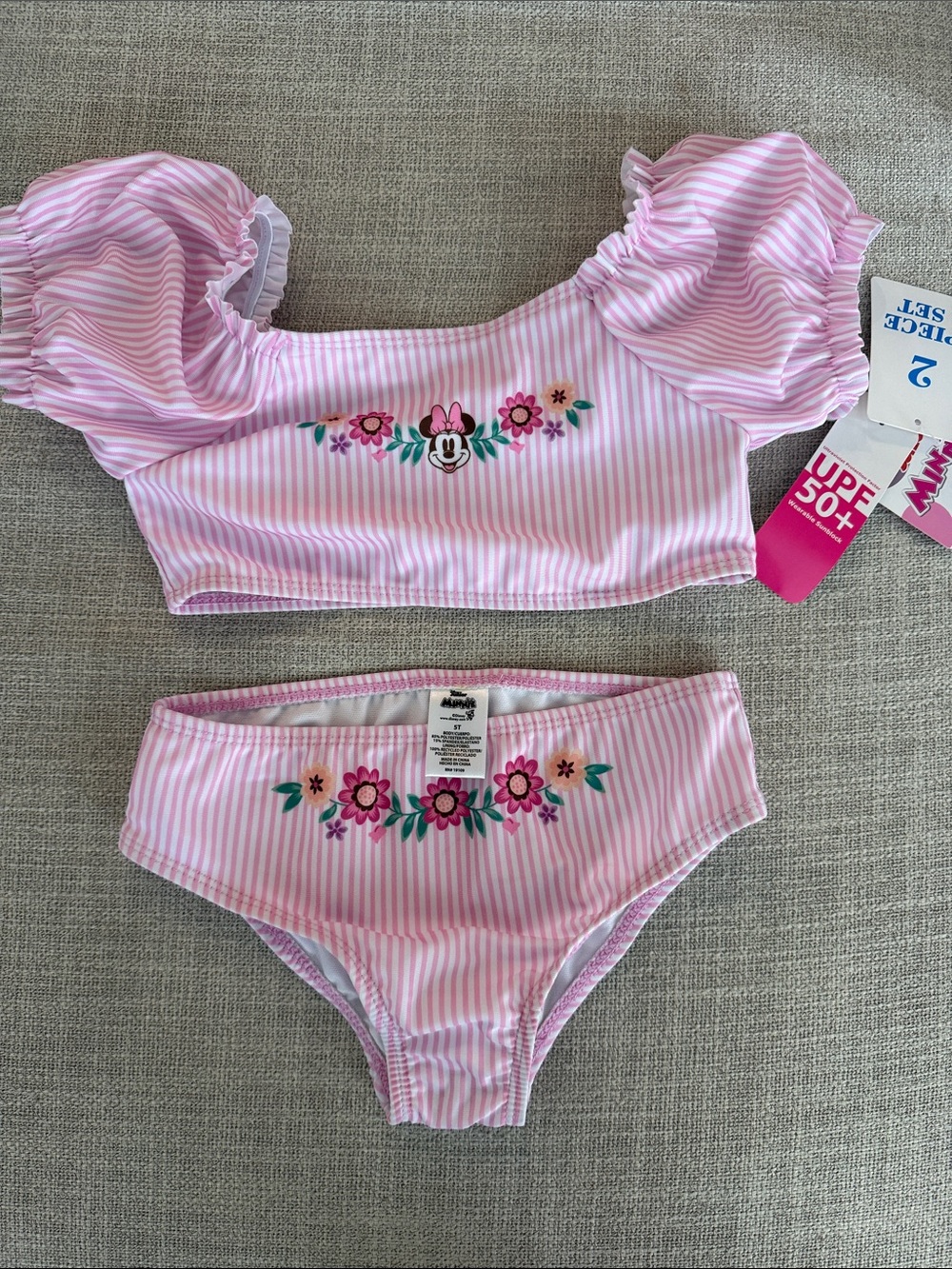 Disney Pink and White Striped Minnie Floral Two-Piece Swim Set